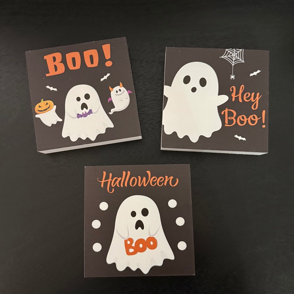 Halloween Wood Table Decor Set 3pc Black New Ghost Boo Signs